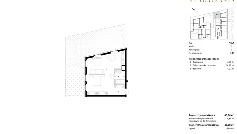 Rzut - Mieszkanie na sprzedaż 1 pokój o powierzchni 47,2 m² - numer 1.09 w Stara Farbiarnia