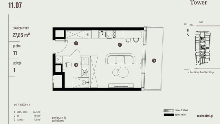 Rzut - Mieszkanie na sprzedaż 1 pokój o powierzchni 27,85 m² - numer 11.07 w Quorum Tower