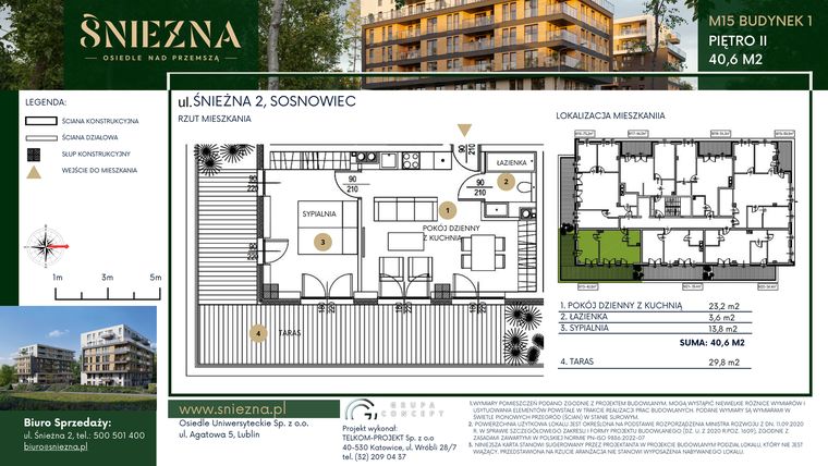 Rzut - Mieszkanie na sprzedaż 2 pokoje o powierzchni 40,6 m² - numer A15 w Śnieżna - Osiedle nad Przemszą