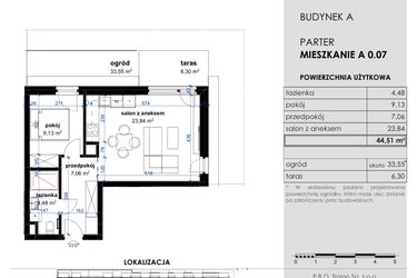 Rzut - Mieszkanie na sprzedaż 2 pokoje o powierzchni 44,51 m² - numer A 0.07 w Osiedle Kwiatowe