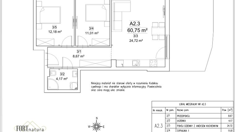Rzut - Mieszkanie na sprzedaż 3 pokoje o powierzchni 60,75 m² - numer A2.3 w FORTnatura