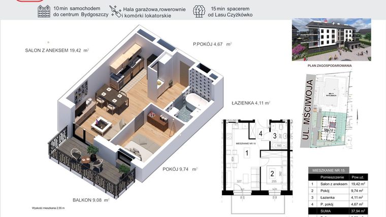 Rzut - Mieszkanie na sprzedaż 2 pokoje o powierzchni 37,94 m² - numer 15 w Mściwoja MS-12