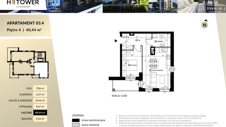 Rzut - Mieszkanie na sprzedaż 2 pokoje o powierzchni 40,44 m² - numer Hi 03.4 w Hi Tower