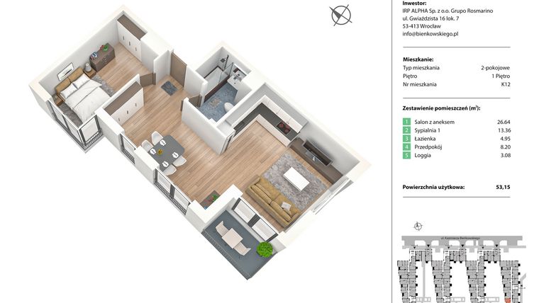 Rzut - Mieszkanie na sprzedaż 2 pokoje o powierzchni 53,15 m² - numer K12 w Nowe Żerniki Bieńkowskiego etap II