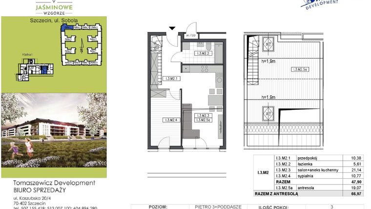 Rzut - Mieszkanie na sprzedaż 3 pokoje o powierzchni 66,97 m² - numer I3M2 w Jaśminowe Wzgórze - etap II