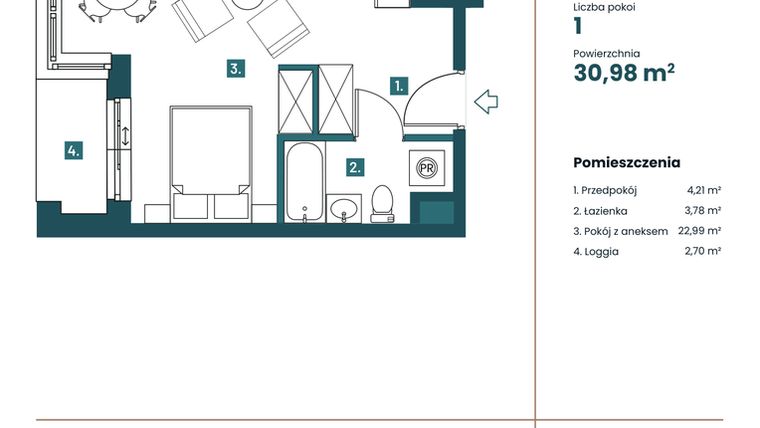Rzut - Mieszkanie na sprzedaż 1 pokój o powierzchni 31,09 m² - numer M206 w Sea Breeze