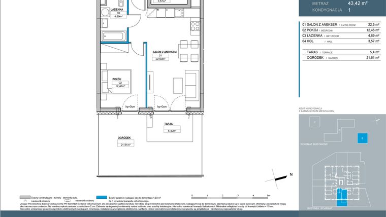 Rzut - Mieszkanie na sprzedaż 2 pokoje o powierzchni 43,42 m² - numer E.1.02 w Nordic Bemowo - etap IV