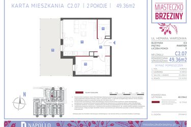Rzut - Mieszkanie na sprzedaż 2 pokoje o powierzchni 49,36 m² - numer C2.07 w Miasteczko Brzeziny II