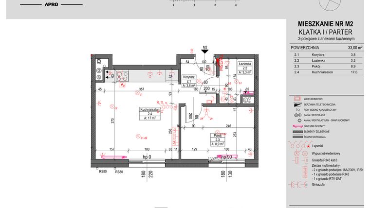 Rzut - Mieszkanie na sprzedaż 2 pokoje o powierzchni 33 m² - numer M2 w Antczaka 46