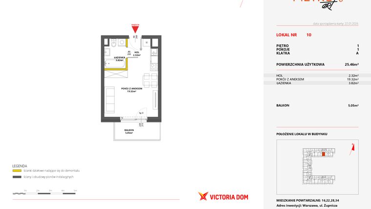 Rzut - Mieszkanie na sprzedaż 1 pokój o powierzchni 25,46 m² - numer 10 w Metro Art 6