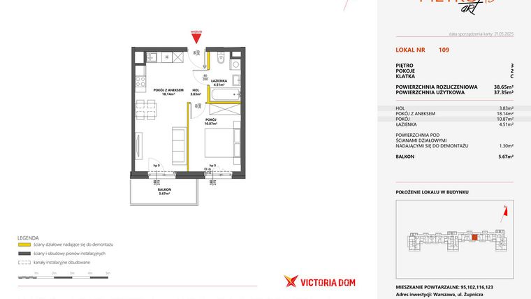 Rzut - Mieszkanie na sprzedaż 2 pokoje o powierzchni 38,65 m² - numer 109 w Metro Art 13