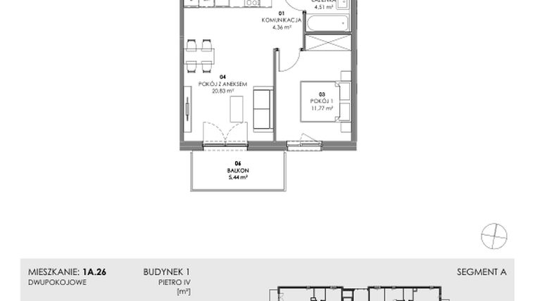 Rzut - Mieszkanie na sprzedaż 2 pokoje o powierzchni 43,31 m² - numer 1A.26 w Akacjowa Wita