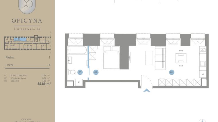 Rzut - Mieszkanie na sprzedaż 1 pokój o powierzchni 35,89 m² - numer 14 w Oficyna - Apartamenty Inwestycyjne Apart Hotel