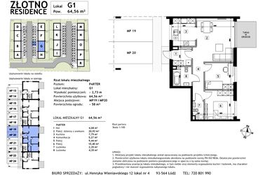 Rzut - Mieszkanie na sprzedaż 3 pokoje o powierzchni 64,56 m² - numer G1 w Złotno Residence