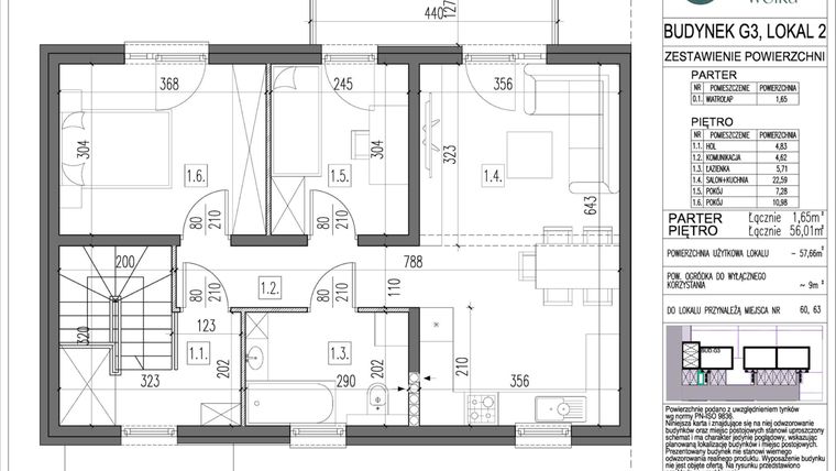 Rzut - Mieszkanie na sprzedaż 3 pokoje o powierzchni 57,66 m² - numer G3.2 w Spokojna Wólka etap V