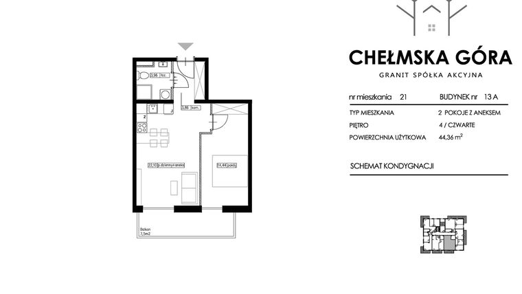 Rzut - Mieszkanie na sprzedaż 2 pokoje o powierzchni 44,36 m² - numer 13A-M21 w Chełmska Góra etap II