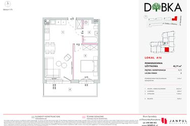 Rzut - Mieszkanie na sprzedaż 2 pokoje o powierzchni 42,71 m² - numer A16 w Dobka