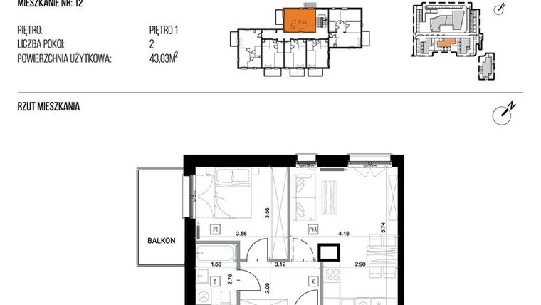 Rzut - Mieszkanie na sprzedaż 2 pokoje o powierzchni 43,03 m² - numer 22H/12 w NATURAMA II