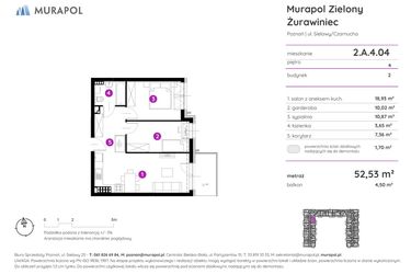 Rzut - Mieszkanie na sprzedaż 2 pokoje o powierzchni 52,13 m² - numer 2.A.4.04 w Murapol Zielony Żurawiniec