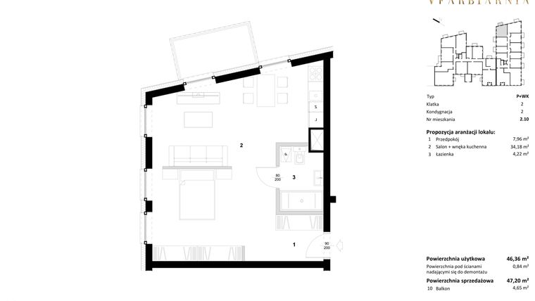 Rzut - Mieszkanie na sprzedaż 1 pokój o powierzchni 47,2 m² - numer 2.10 w Stara Farbiarnia