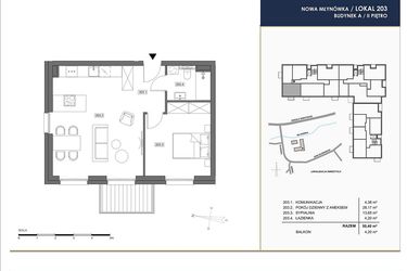 Rzut - Mieszkanie na sprzedaż 2 pokoje o powierzchni 50,4 m² - numer A.203 w Nowa Młynówka