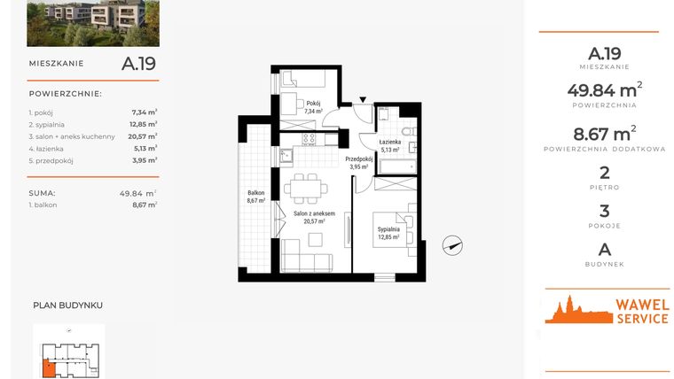 Rzut - Mieszkanie na sprzedaż 3 pokoje o powierzchni 49,84 m² - numer A.19 w Nowa Namiarkowa