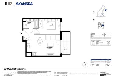 Rzut - Mieszkanie na sprzedaż 2 pokoje o powierzchni 42,29 m² - numer BC0402 w NU2 Warszawa Wola