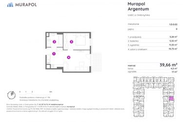 Rzut - Mieszkanie na sprzedaż 2 pokoje o powierzchni 39,66 m² - numer 1.D.0.02 w Murapol Argentum