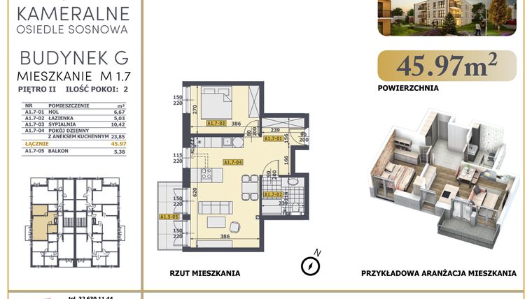 Rzut - Mieszkanie na sprzedaż 2 pokoje o powierzchni 45,97 m² - numer G1.7 w Osiedle Sosnowa G