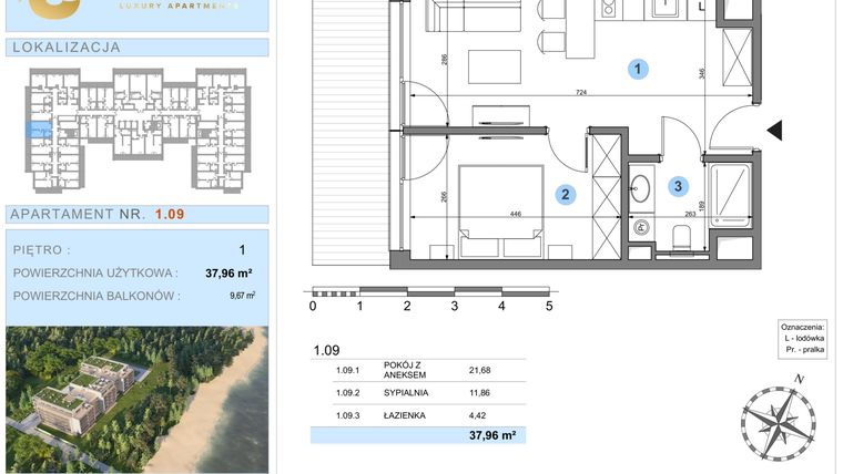 Rzut - Mieszkanie na sprzedaż 1 pokój o powierzchni 37,96 m² - numer 1.9 w Ustronie Luxury Apartments
