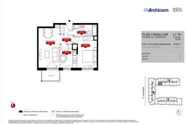Rzut - Mieszkanie na sprzedaż 2 pokoje o powierzchni 50,66 m² - numer L1.76 w Wieża Jeżyce etap VI