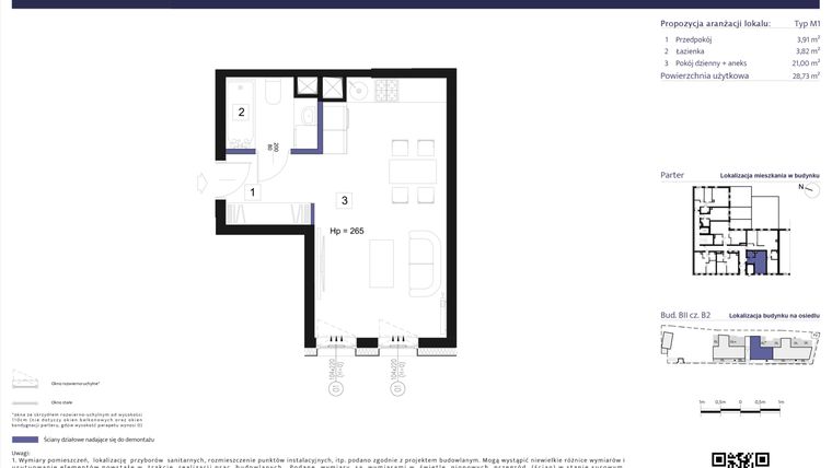 Rzut - Mieszkanie na sprzedaż 1 pokój o powierzchni 28,73 m² - numer B2 – M0.5 w Primacasa