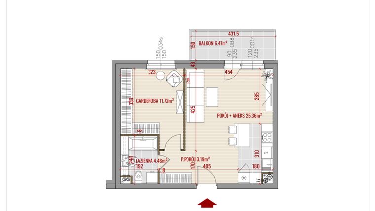 Rzut - Mieszkanie na sprzedaż 2 pokoje o powierzchni 44,73 m² - numer 73 w Zalesie