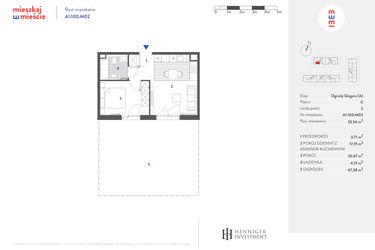 Rzut - Mieszkanie na sprzedaż 2 pokoje o powierzchni 35,55 m² - numer A1.100.M02 w Mieszkaj w mieście - Ogrody Glogera