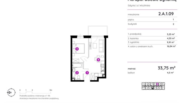 Rzut - Mieszkanie na sprzedaż 2 pokoje o powierzchni 33,75 m² - numer 2.A.1.09 w Murapol Osiedle Dynamiq