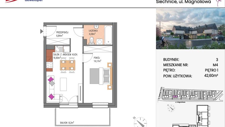 Rzut - Mieszkanie na sprzedaż 2 pokoje o powierzchni 42,6 m² - numer Bud.3-4 w Willa Magnolia