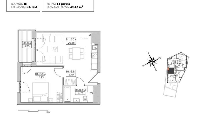 Rzut - Mieszkanie na sprzedaż 2 pokoje o powierzchni 45,96 m² - numer B1.15.5 w Alvarium 2.0