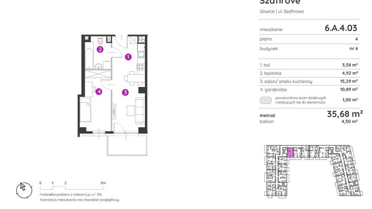 Rzut - Mieszkanie na sprzedaż 1 pokój o powierzchni 35,68 m² - numer 6.A.4.03 w Murapol Osiedle Szafirove