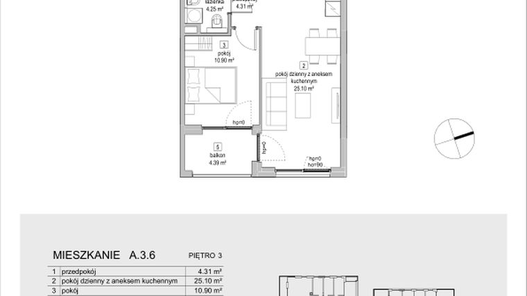 Rzut - Mieszkanie na sprzedaż 2 pokoje o powierzchni 44,56 m² - numer A.3.6 w ATAL Symbioza IA