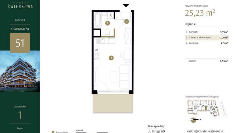 Rzut - Mieszkanie na sprzedaż 1 pokój o powierzchni 25,23 m² - numer 51 w Rezydencja Świerkowa