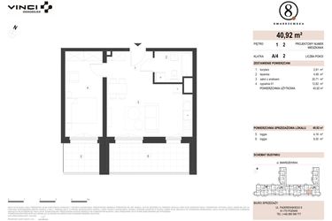 Rzut - Mieszkanie na sprzedaż 2 pokoje o powierzchni 40,92 m² - numer A/4/1.2 w Smardzewska 8