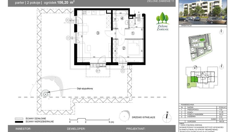 Rzut - Mieszkanie na sprzedaż 2 pokoje o powierzchni 51,32 m² - numer 1C.5 w Zielone Zamienie XI