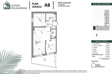 Rzut - Mieszkanie na sprzedaż 3 pokoje o powierzchni 54,53 m² - numer A08 w Nowa Palmiarnia