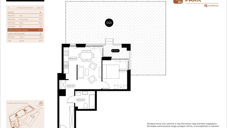 Rzut - Mieszkanie na sprzedaż 2 pokoje o powierzchni 46,14 m² - numer 0.05 w Białoprądnicka Park