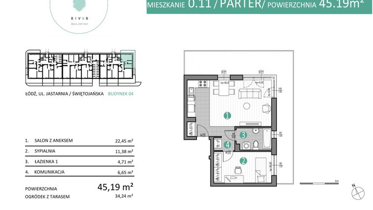 Rzut - Mieszkanie na sprzedaż 2 pokoje o powierzchni 45,19 m² - numer 04.0.11 w Port Jastarnia bud. 01, 04