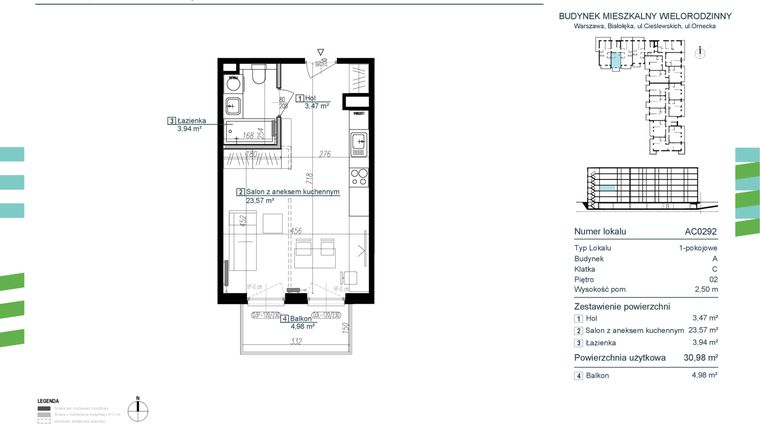 Rzut - Mieszkanie na sprzedaż 1 pokój o powierzchni 30,98 m² - numer AC0292 w Orneko