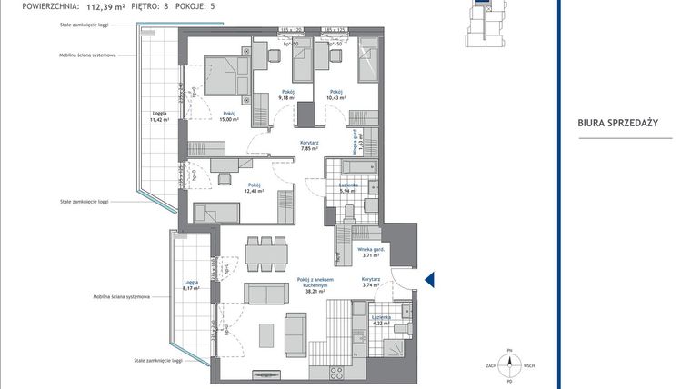 Rzut - Mieszkanie na sprzedaż 5 pokoi o powierzchni 112,39 m² - numer 8.9 w SEAHall