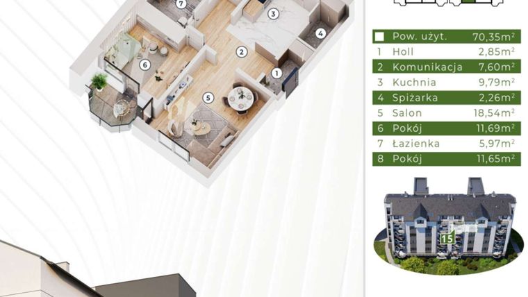 Rzut - Mieszkanie na sprzedaż 3 pokoje o powierzchni 70,35 m² - numer 19.M15 w Osiedle Leśny Zakątek