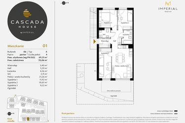 Rzut - Mieszkanie na sprzedaż 4 pokoje o powierzchni 69,49 m² - numer 6.1 w CASCADA House