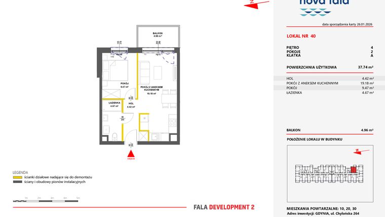 Rzut - Mieszkanie na sprzedaż 2 pokoje o powierzchni 37,95 m² - numer 40 w Miasteczko Nova Fala